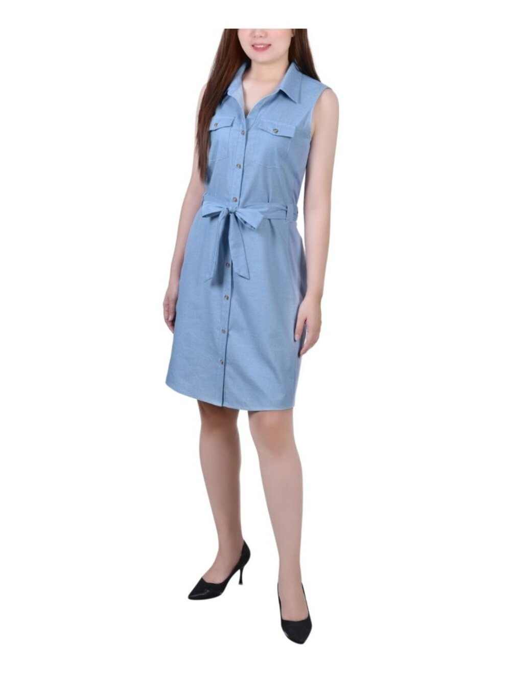 NY Collection Womens Petite Sleeveless Collar Shirt Dress Blue Size PL NWT